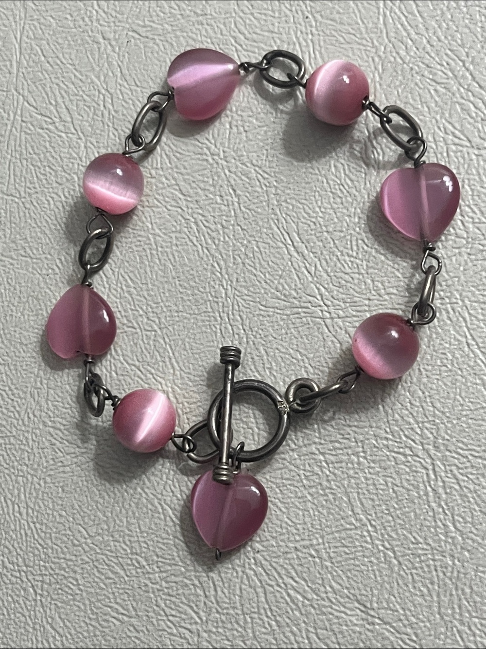 925 sterling Pink Heart & Bead Link Bracelet with Toggle Clasp - Picture 1 of 4